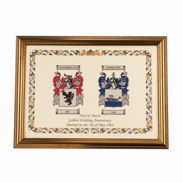 Double Coat of Arms - A3 in Gold Frame - With Personalised Message, Unique Wedding Gift