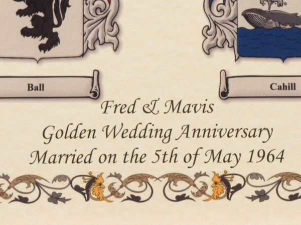 Double Coat of Arms - A3 in Gold Frame - With Personalised Message, Unique Wedding Gift