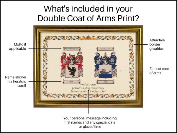 Double Coat of Arms - A3 in Gold Frame - With Personalised Message, Unique Wedding Gift