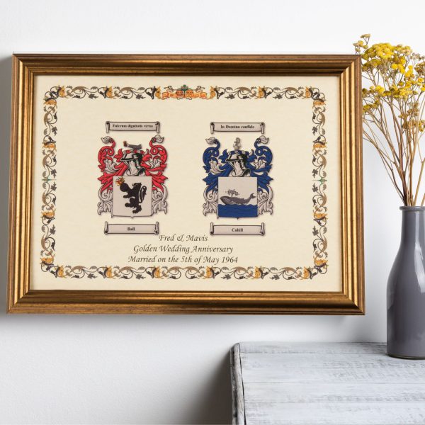 Double Coat of Arms - A3 in Gold Frame - With Personalised Message, Unique Wedding Gift