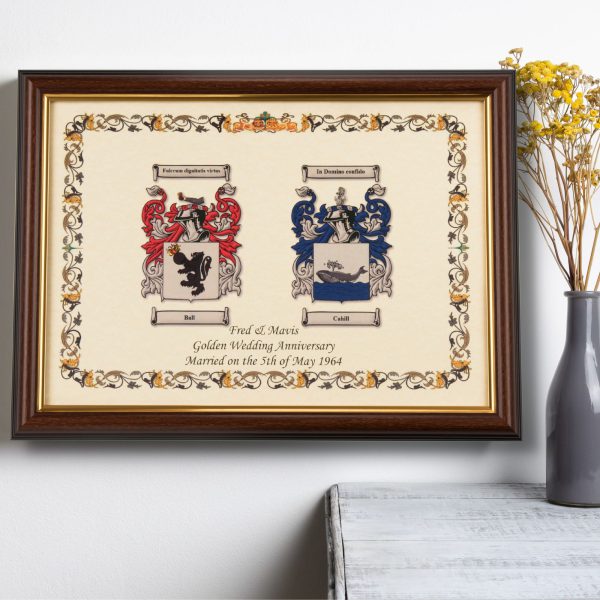 Double Coat of Arms - A3 in Gold Frame - With Personalised Message, Unique Wedding Gift