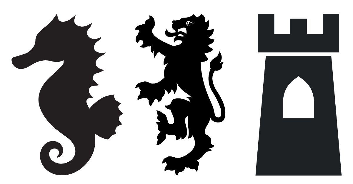 The Seahorse, Lion and Castle are all popular symbols in heraldry.